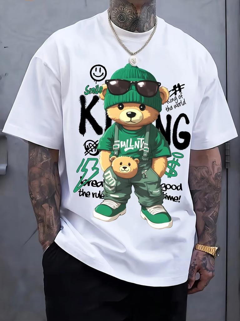 Cotton Short Sleeved Tshirt for Unisex Trend Loose American Print Casual Versatile Couples Top Cartoon Bear Pattern Casual Soft