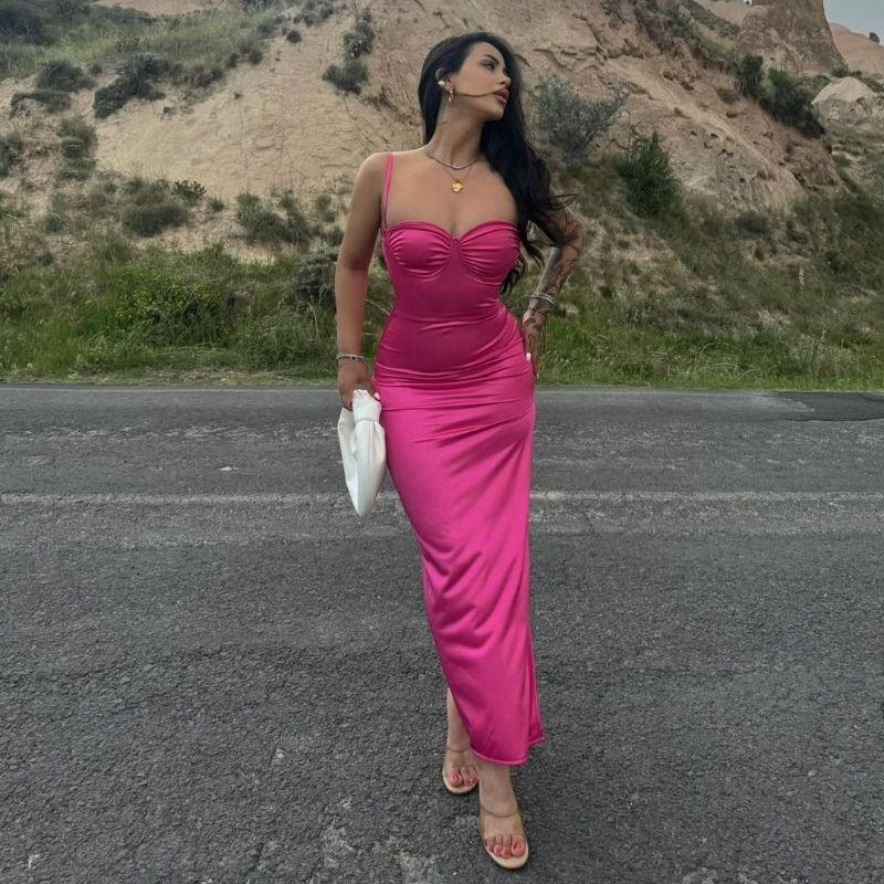 

Fashion Style Women s Clothing 2024 Summer New Arrival Fashion Pleated Suspender Open Back Slim Fit Slit Dress Rose Red L