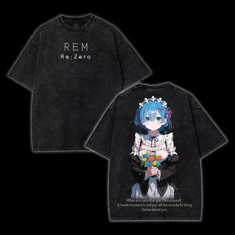 Summer Hot Sale 2026 Re Zero Emilia Rem Ram Vintage Washed T-Shirt Men Women Hip Hop Punk Streetwear Tshirt