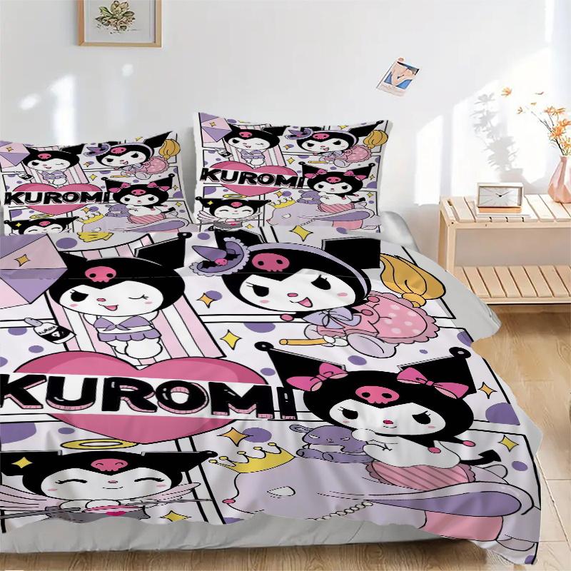 

3pcs Sanrio Kuromi Design Quilt Cover Set - Soft & Comfortable Polyester Fabric, All-Season Breathable Comforter Set For 1 Quilt Cover & 2 Pillow 135x200cm