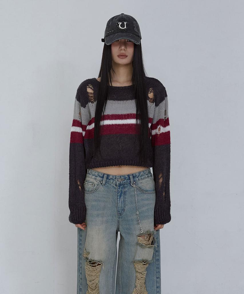Uusoo Damaged Boat Neck Pullover_ Gray Multi Stripe