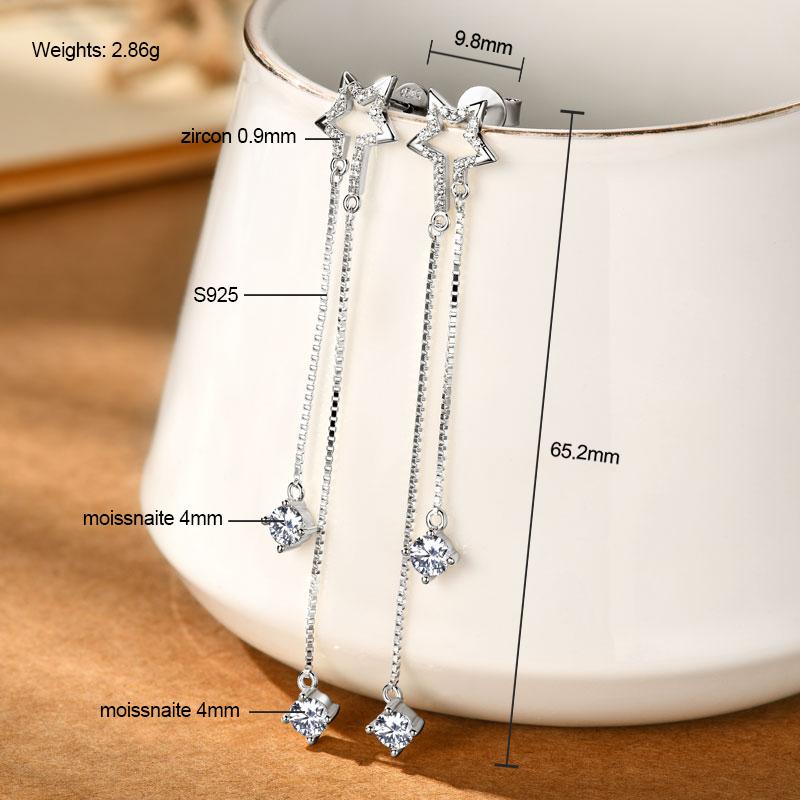 Anziw 925 Moissanite Star Tassel Drop Dangle Earrings for Women Real S925 Silver Studs Earrings Certified Fine Jewelry Gift Girl