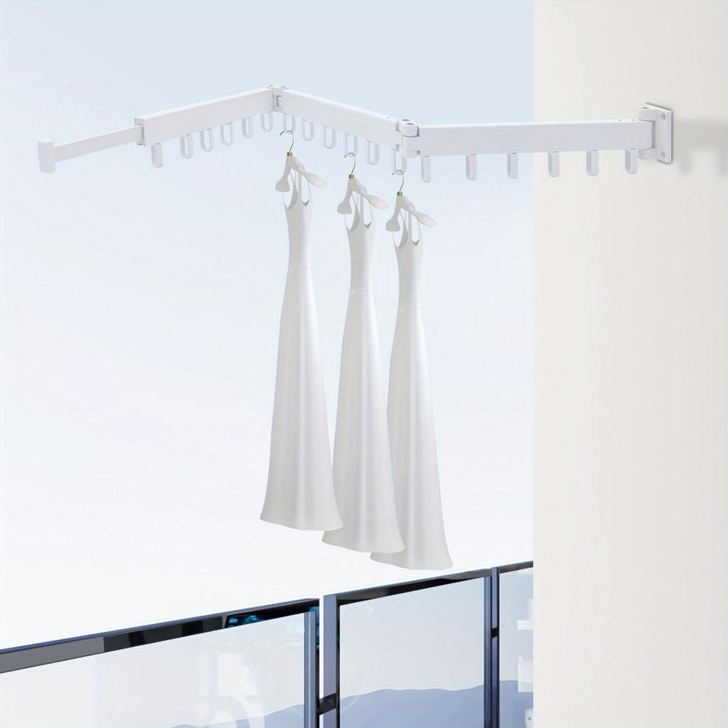 Tri-Fold Space Aluminum Wall-Mounted Drying Rack – 110 Lbs Load Capacity with 18 Hooks & Telescopic Hidden Rod – White