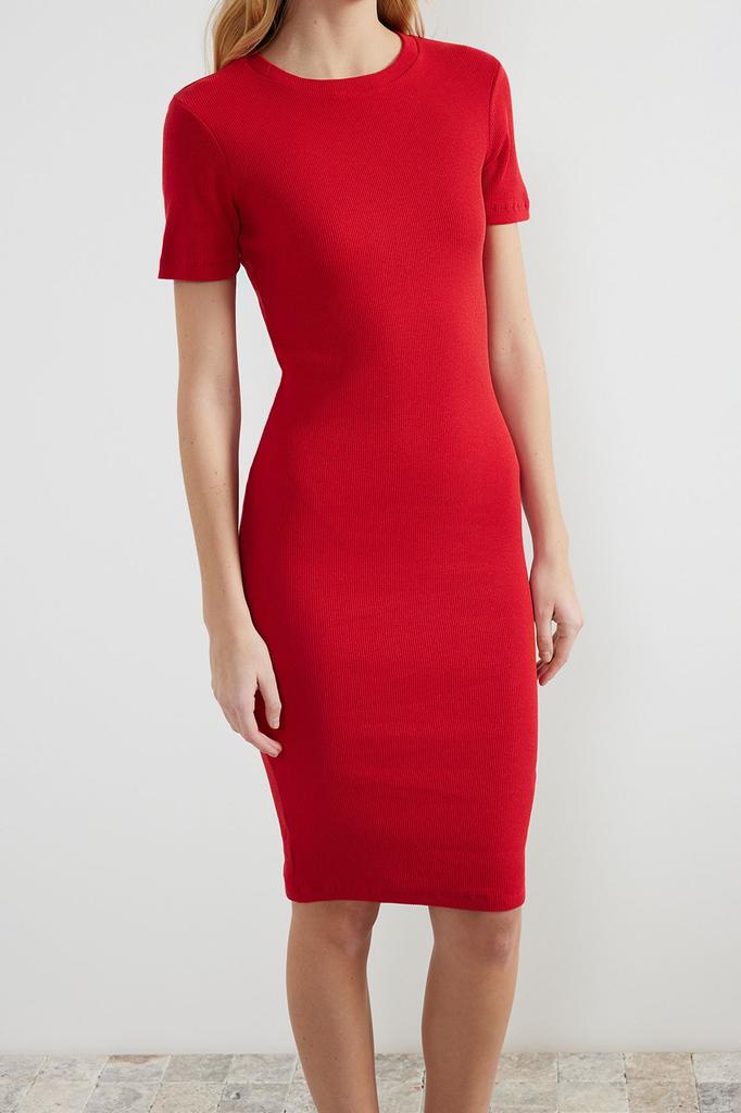 Women's Style Dress Black Crew Neck Ribbed Stretchy Knitted Midi Pencil Dress