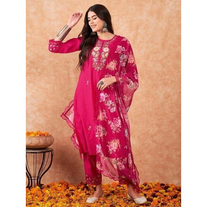 Indian Viscose Chanderi Kurta Set Women Wedding Wear Kurti Pant Dupatta Set V-101