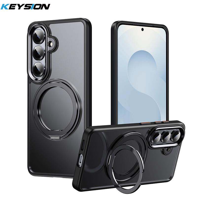 KEYSION Shockproof Transparent Matte Case for Samsung Galaxy S26 Ultra 5G S26+ Magnetic 360 Ring Stand Wireless Charging Phone Cover for Galaxy S26 чёрный
