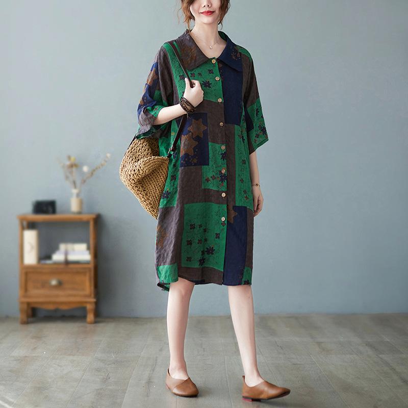 Summer New Plus Size Loose Comfortable Cotton Linen Vintage Printed Lotus Tail Shirt Dress