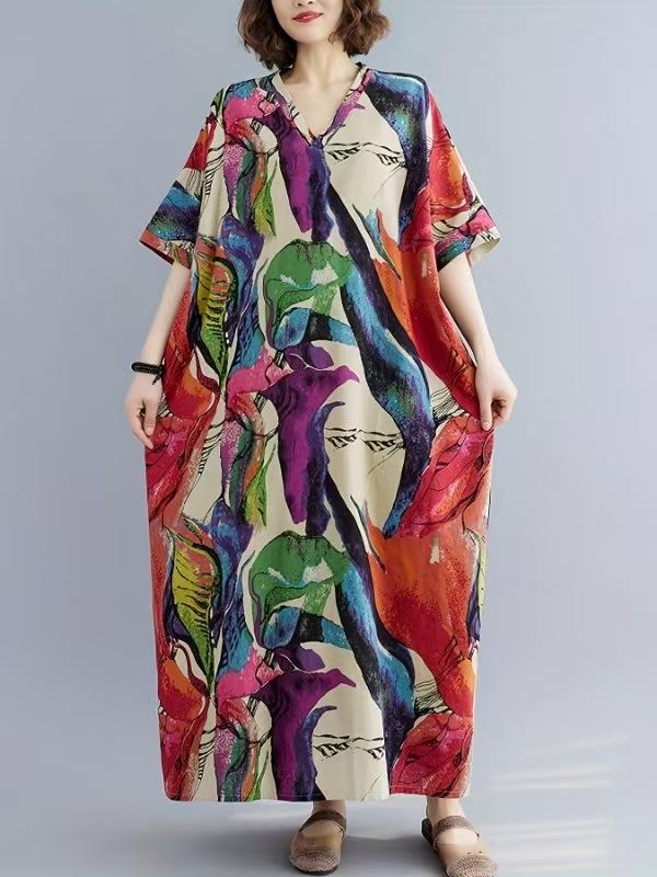 Women's V-Neck Floral Maxi Dress Short Sleeve Loose Boho Summer Dress