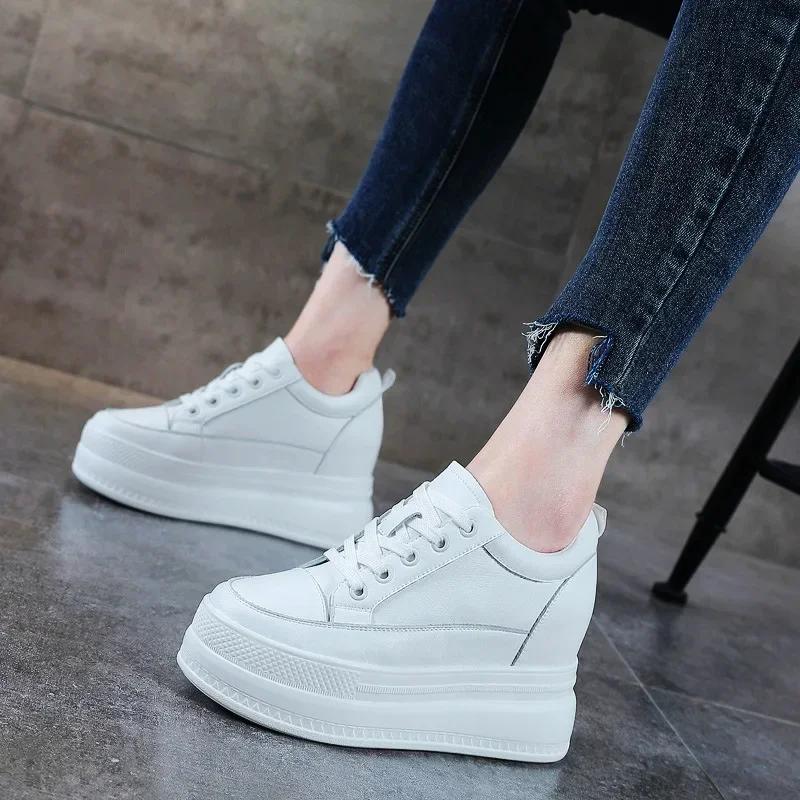 Fashion 9CM Air Mesh Genuine Leather Women Fashion Casual Shoes Platform Wedge Chunky Sneaker Women Summer Hidden Heel Vulcanize