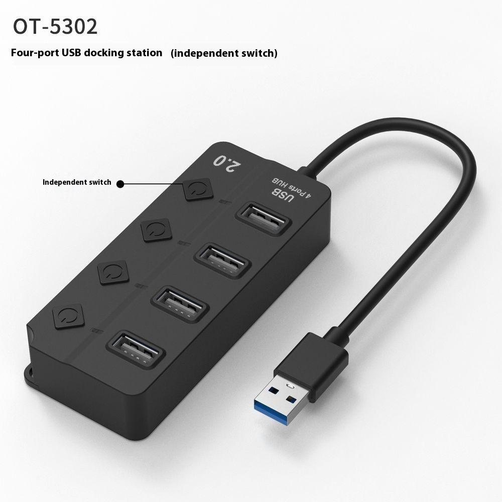 

5302 4 in 1 USB 2.0 Hub With Individual Switches Plug and Play 4 Ports Splitter High Speed 480Mbps Data Transfer As Shown A