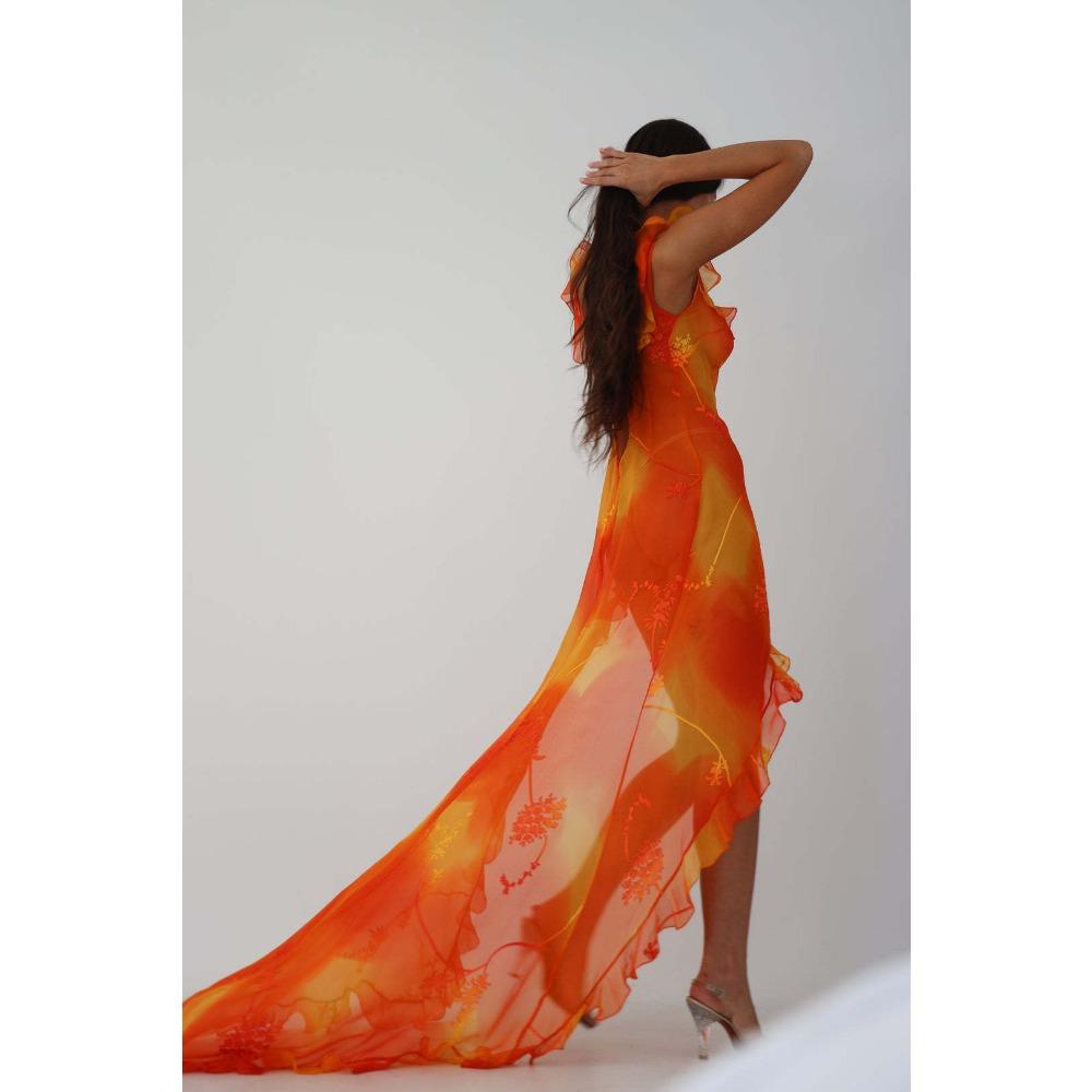 Women's U Neck Sleeveless Maxi Dress Slim Fit Mid Waist Sexy Floral Tie Dye High Slit Ruffle Chiffon Party Dress