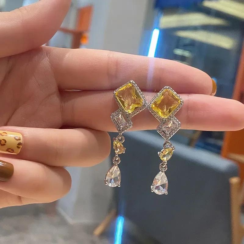 New Simple And Elegant Square Cubic Zirconia Earrings Bling Yellow Cz Dangle  Luxury Women Wedding Engagement Jewelry