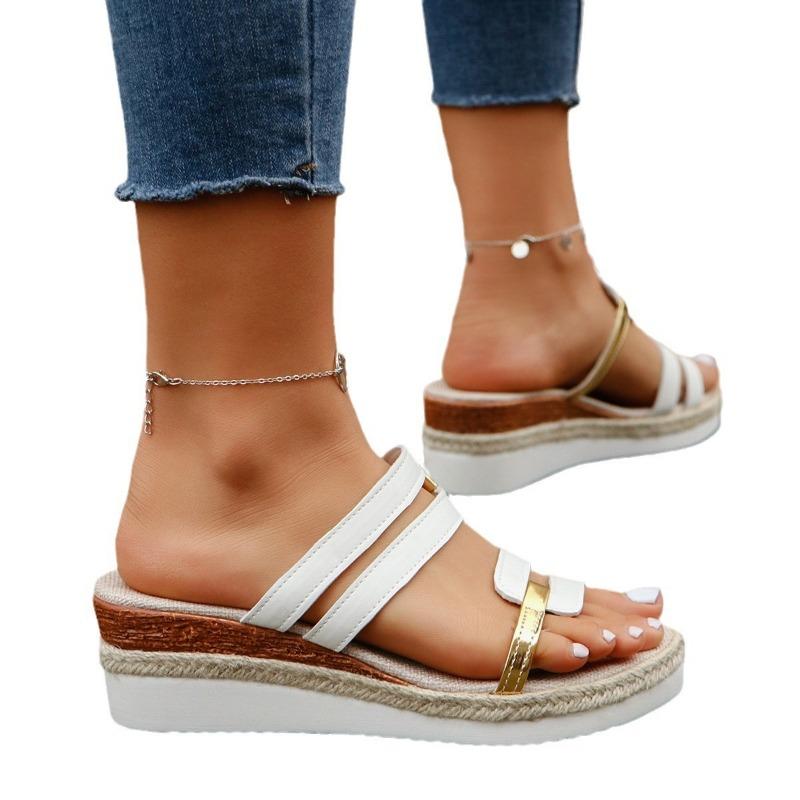 Large size slope heel cool slippers summer versatile fashion thick bottom muffin bottom one-word women's slippers