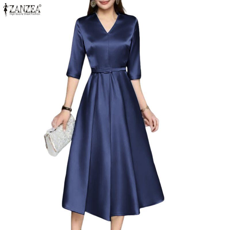 ZANZEA Women Casual V-Neck Elegant Half Sleeve Dress