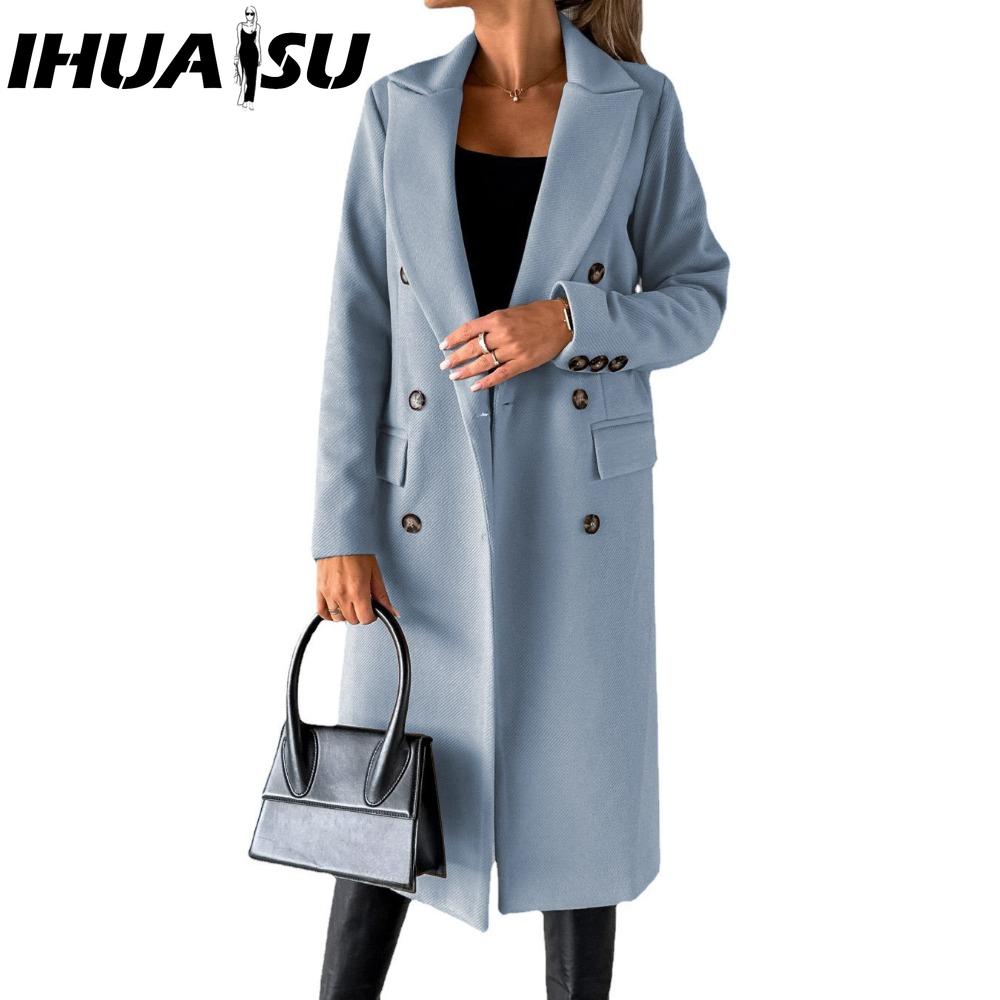 

IHUASU Женские винтажные повседневные куртки и пальто с клетчатым принтом, с длинным рукавом, с воротником поло, на осень-зиму M небесно-голубой