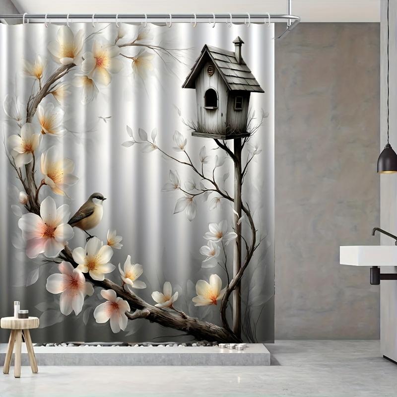 1Pc Floral And Bird Patterned Shower Curtain With Hooks, Machine Washable Polyester, Suitable For Bathroom Dcor.