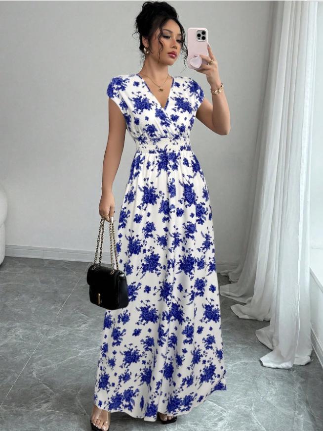Europäisches und Amerikanisches V-Ausschnitt Taillenbetontes Kurzarmkleid - Frühling/Sommer Druck Langes Kleid für Damen