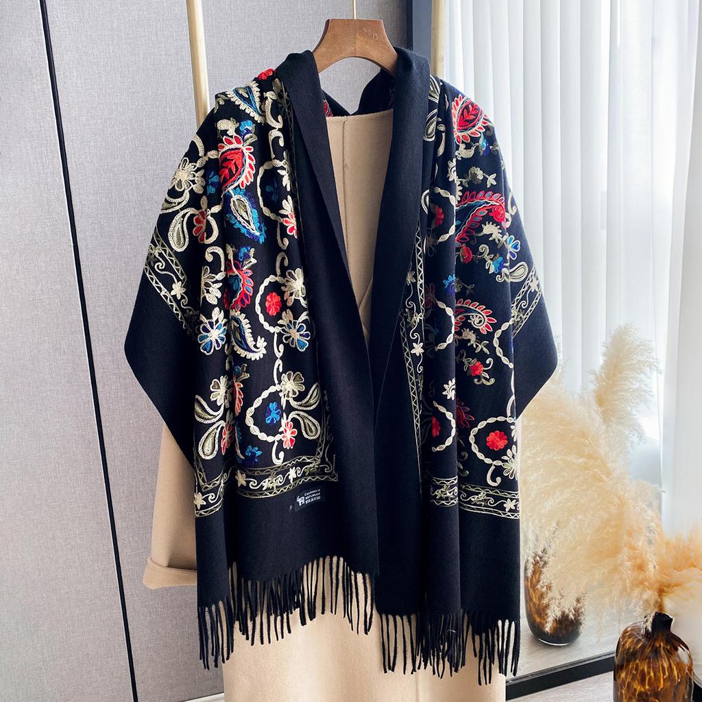 Luxury Winter Embroidery Cashmere Scarf Women  Design Warm Pashmina Blanket Poncho Scarves Female Shawl Thick Foulard Bufanda