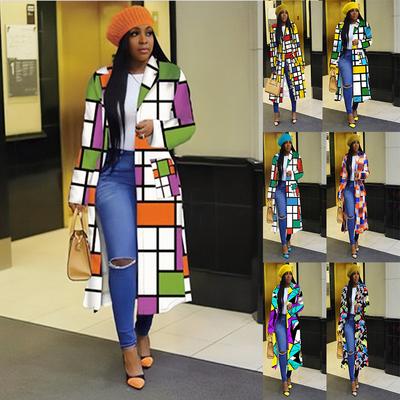 Farbiger Trenchcoat mit Geo-Umlegekragen für Damen, farbenfrohe Oberbekleidung, Strickjacke, langer Blazer