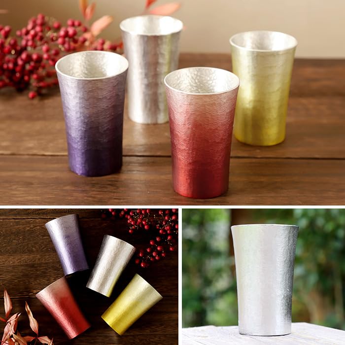 Tin tumbler 200ml in paulownia box with coaster Osaka tinware gift workshop [Original HappySmile] (Purple)