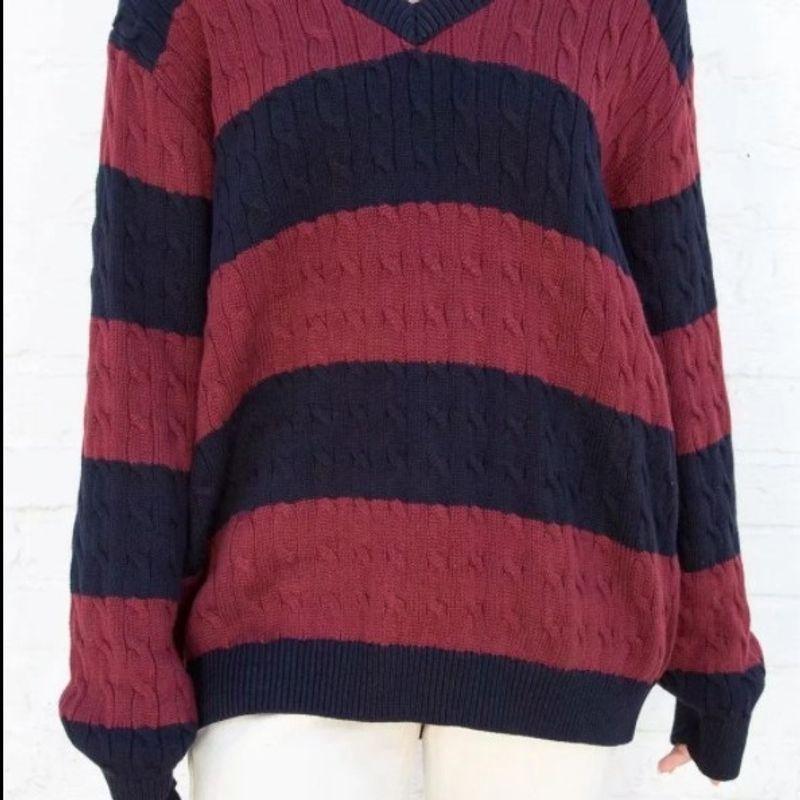 Liangli Fashion BM Style Brandy Same Style Stripes Cable-Knit Sweater V Neck Loose BM Knitwear Pullover