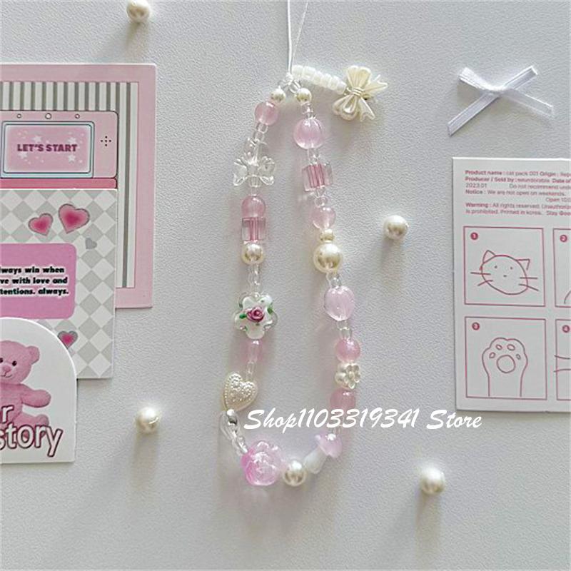 Korean Y2K Cute Flower Bowknot Beaded Phone Charms Chain For iPhone 16 15 Accessories Phone Strap Anti-Lost Lanyard Hanging Rope
