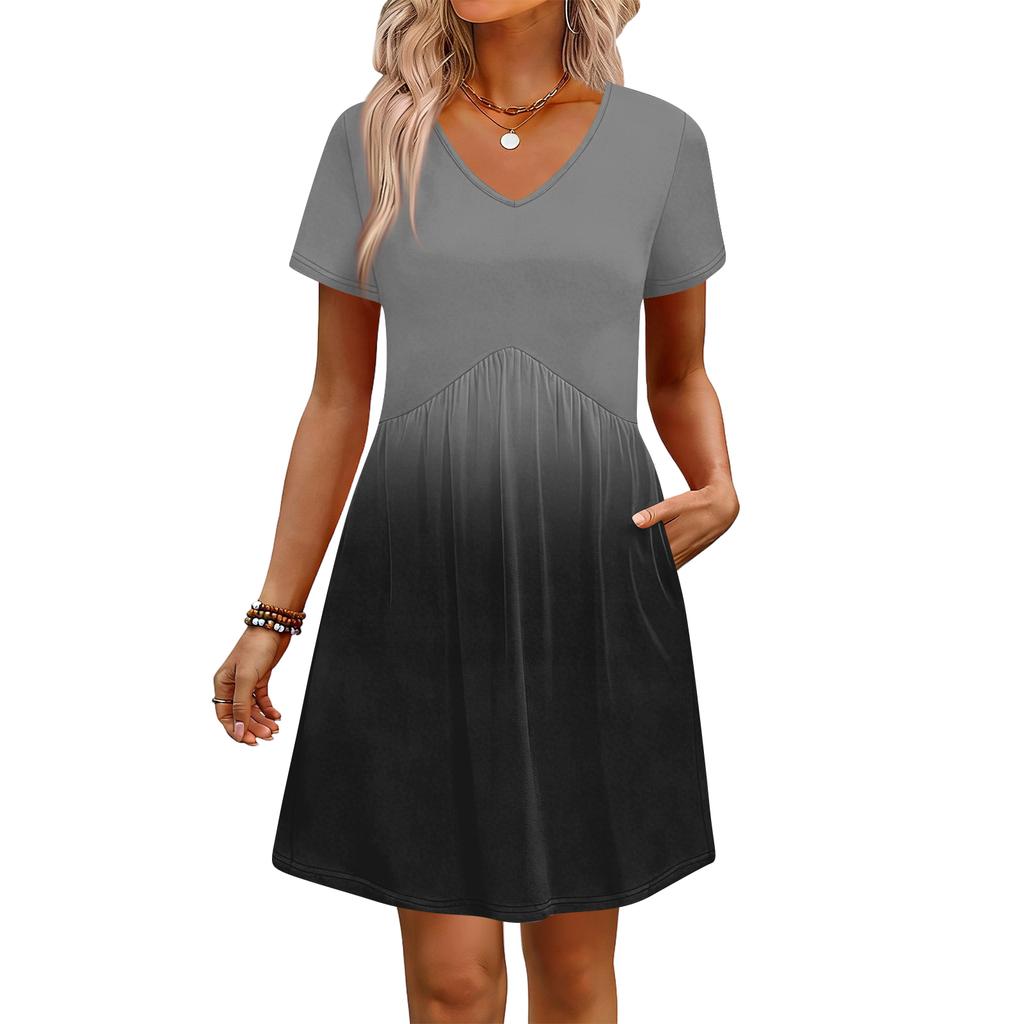 Modisches Damenkleid mit Print, V-Ausschnitt, kurzärmelig, locker, lässig, für den Strandurlaub