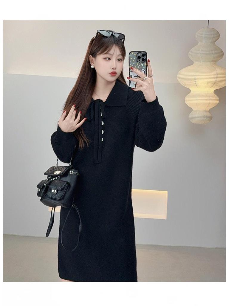 Ai Yuan 2025 Winter Plus Size Women's Loose POLO Collar Lace-up Knit Dress F716