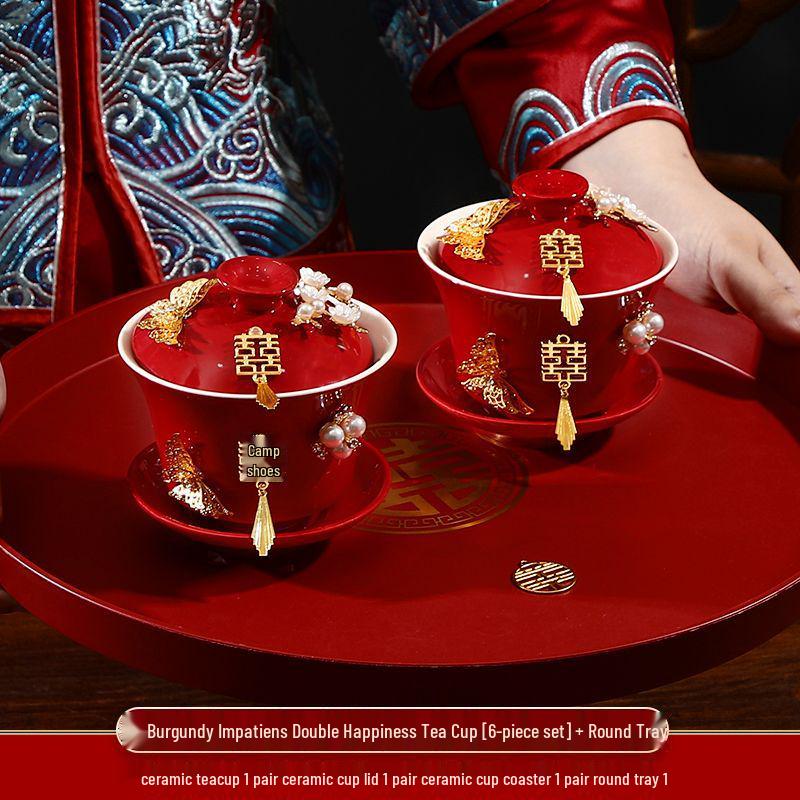 Double Happiness Butterfly Love Teacup Set: Wedding Bowls, Red Tea Set, Chopstick Pair, Dowry Gift