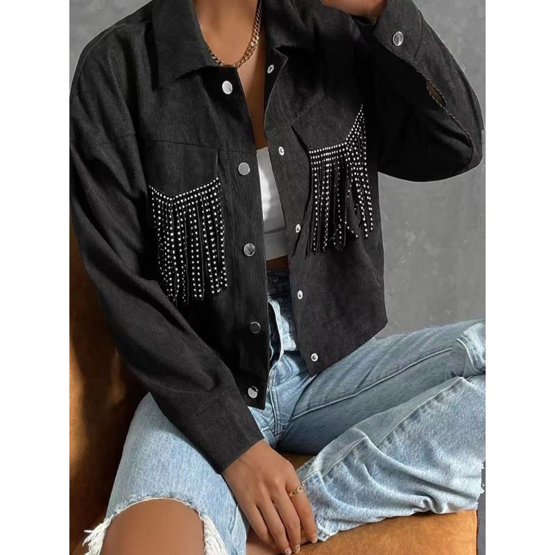 

Cross-Border Amazon Autumn and Winter Elegant New Tassel Short Lapels Jacket Tops Fashion Style Women s Clothing Outwear Black S