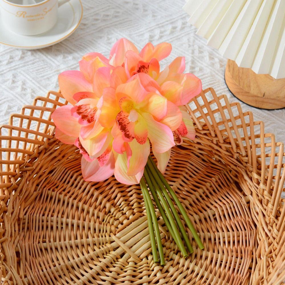 6 Heads Artificial Cymbidium Flowers Real Touch Magnolia Branch  Birthday Decor