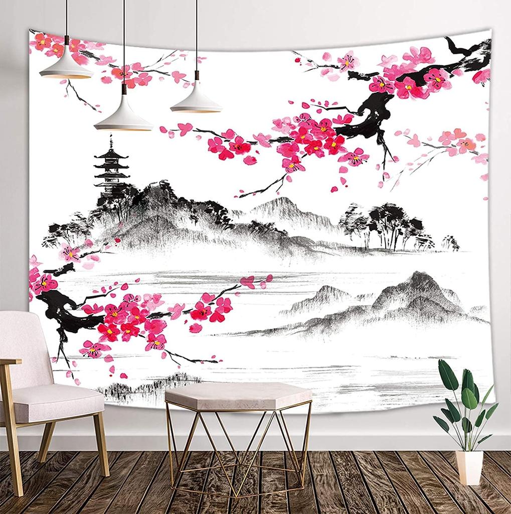 Pink Japanese Wave TapestryJapan Mount Fuji Kanagawa Great Waves Pastel Tapestry Wall Hanging for Bedroom AestheticPsychedelic