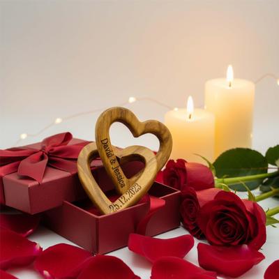 Heart-Shaped Olive Wood Valentine’s Day Couple Ornament