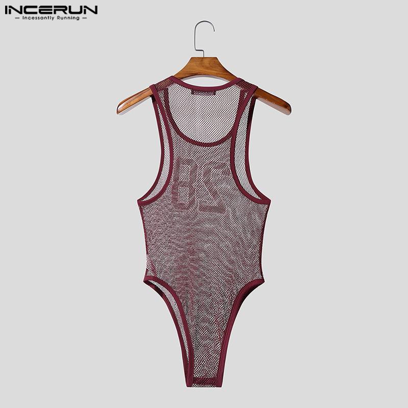 Men Sleeveless Letter Print See Through Transparent Jumpsuits Bodysuits Home Wear