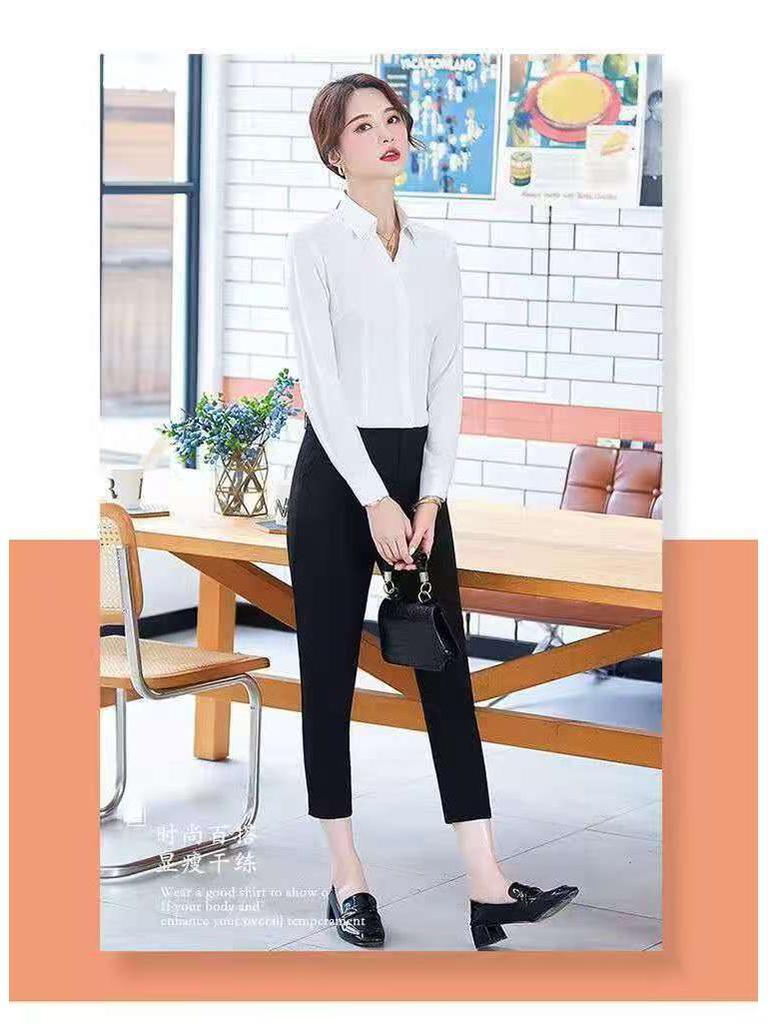Women's Korean Style Slim Fit V-Neck White Long Sleeve Business Casual Shirt
