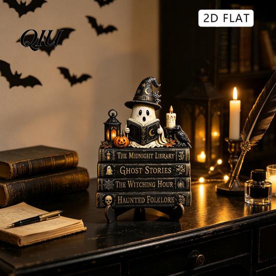 Halloween Party Tabletop Centerpieces Reading Ghost Figurine, Wooden Desktop Ornaments, Vintage Pumpkin Decor Statue with Stand for Home Fireplace