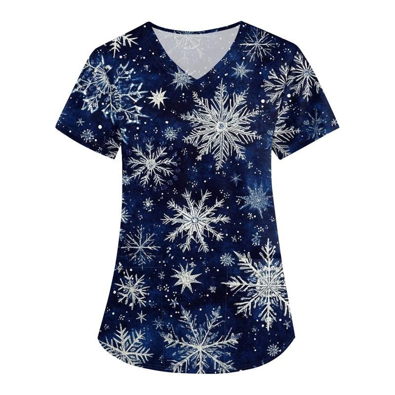 3D Snowman Print V-Neck Short Sleeve T-Shirt Women Men Casual Workwear Comfort Fit 2025