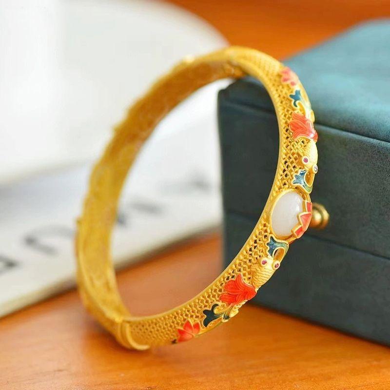 Burnt Blue Koi Lotus Bracelet Ladies Ancient Hollow Opening Gold Bracelet Ancient Chinese Exquisite Bracelet Jewelry