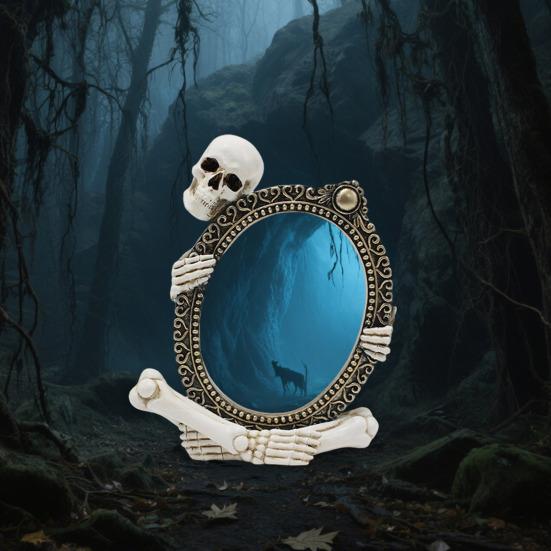 Vintage Skeleton Mirror Frame Statue Gothic Halloween Skull Hold Mirror Figurine Resin Skeleton Sculpture for Shelf Mantel Home Office Decor