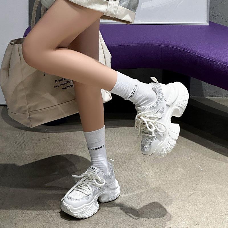 7 Inner Height Increase Dad Shoes Women's Spring and Summer Rhinestone Muffin Thick-soled Small Leather Casual Sports Shoes
