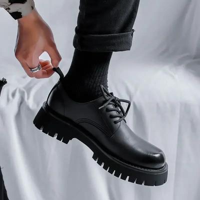 Fashion Platform Men's Leather Shoes Thick Sole Solid Color Round Toe Male Casual Shoe Adults Pu Classic Original Low Price Designer