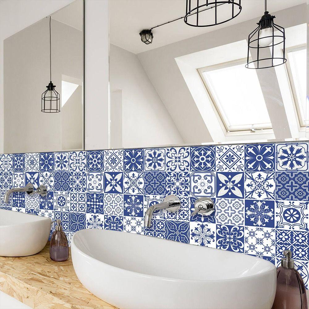 Blau-Weiße Keramikfliesen Wandaufkleber Wasserdicht Dekorativer Wandsticker Badezimmer