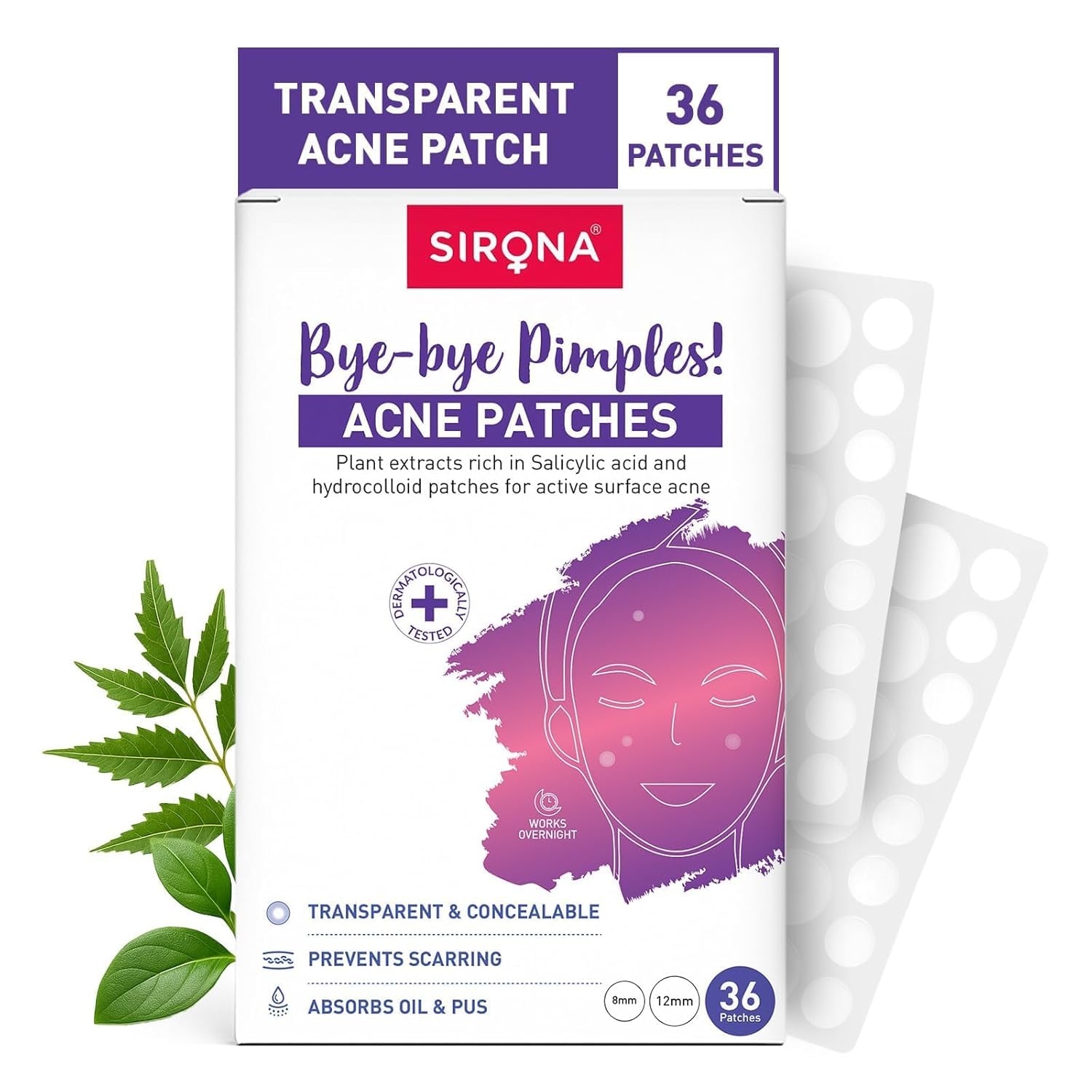 Sirona Anti Acne Pimple Patches for Face - 36 Dots (Pack of 1) | Invisible Facial Stickers Cover with Hydrocolloid Waterproof Patches