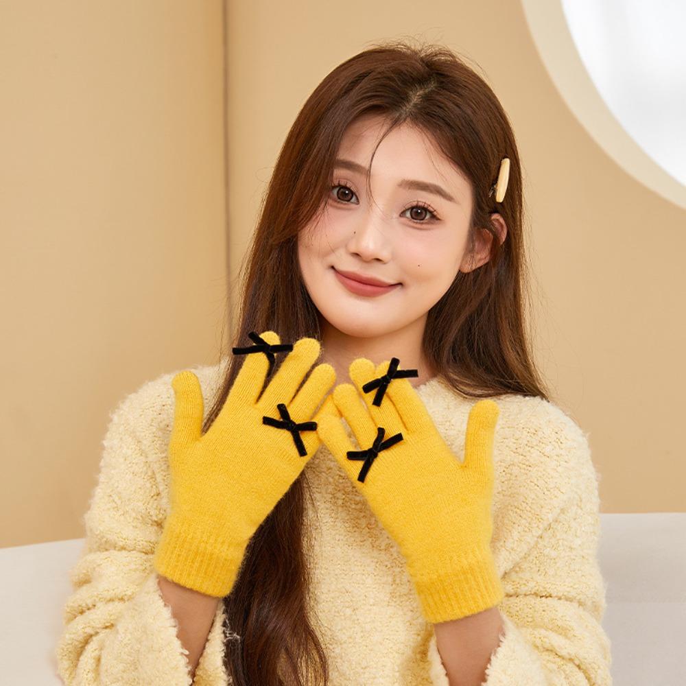 Candy Color Winter Velvet Gloves Plush Women Cycling Mittens Lovely Bowknot Knitted Gloves Riding