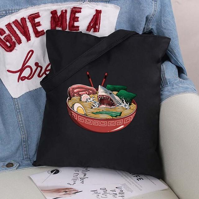 Women Shopping Bags Cute Cartoons Pattern Series Eco Shopper Shoulder Bag Fashion Black Printing Folding Handbag Canvas Tote Bag