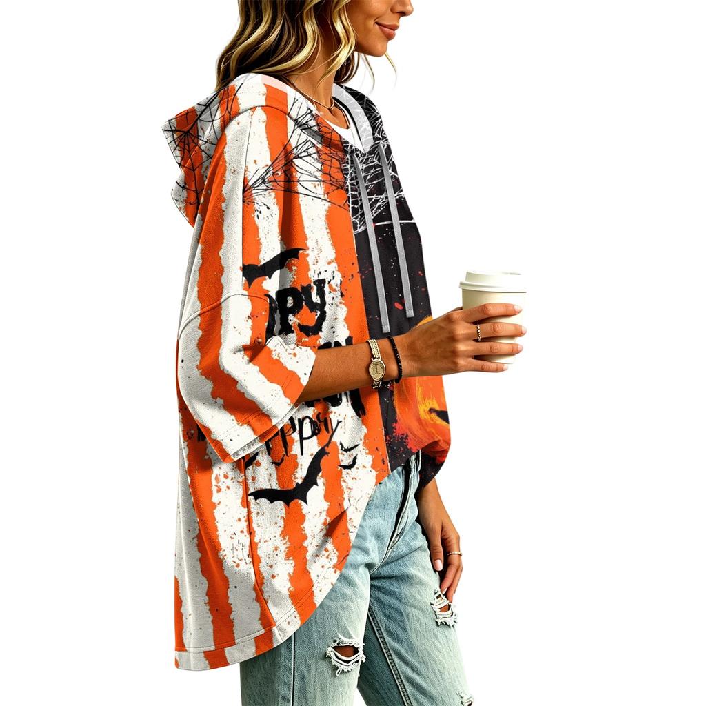 Women's Fashionable Three-Quarter-Sleeve Halloween-Printed Hooded Pullover
