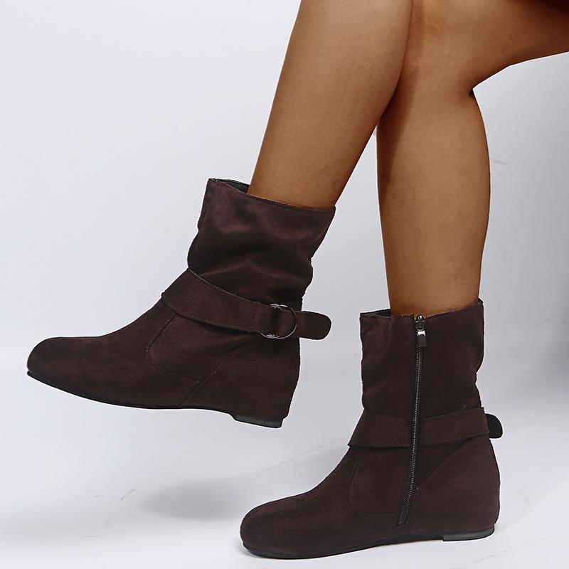 Martin Boots Fashionable Plus Suede Flat Bottomed Belt Buckle Women's Short Boots with Sleeves Round Toe Women's Boots