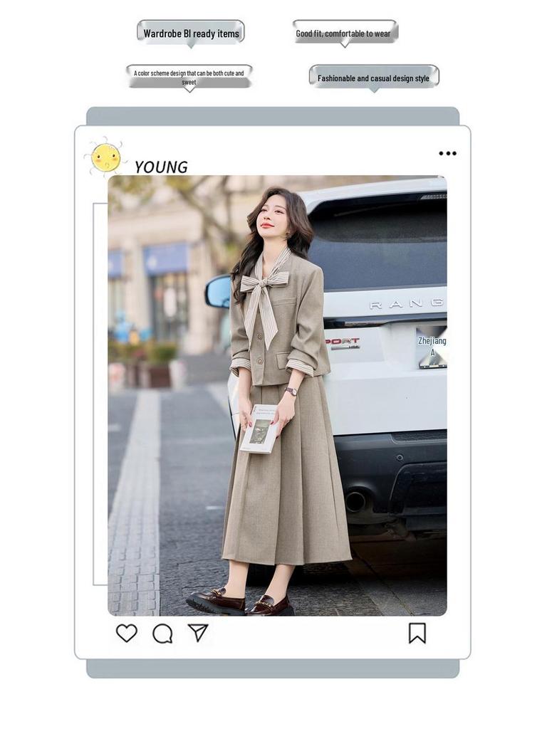 Spring 2025 Bow-Accent Single-Breasted Jacket & Skirt Two-Piece Set