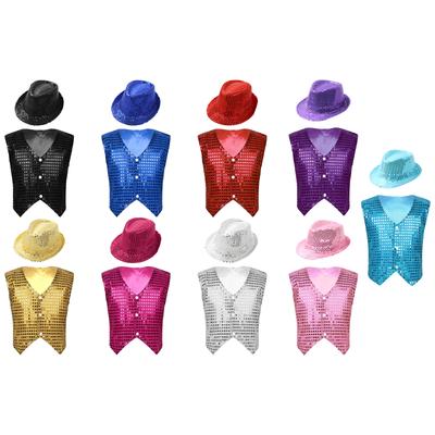 Kids Boys Glittery Sequined Waistcoat with Hat for Jazz Dance Stage Performance Costume