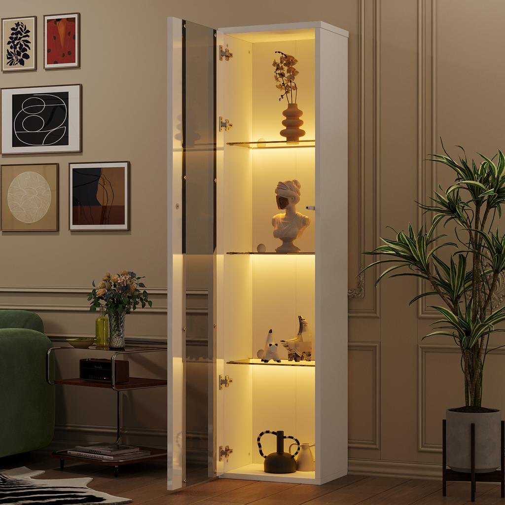 40 x 29 x 170 cm, Vitrine, Glasböden, LED-Farbwechselbeleuchtung, APP-Steuerung, Acrylplatte, wandmontierbar, minimalistisches Design, weiß.